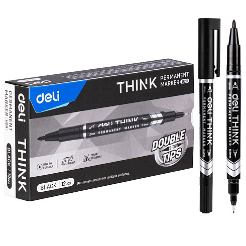 Маркер перманентный двухсторонний DELI "Think" черный, 0,5-1,0мм арт.U211/BK
