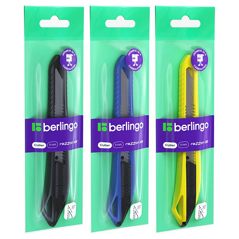 Нож канцелярский 9мм Berlingo "Razzor 100", push-lock, ассорти, европодвес BM4125