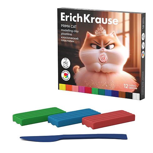 Пластилин ErichKrause Prima Cat 12цветов, 180гр. со стеком 65197