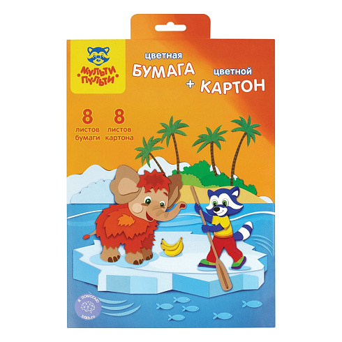 Картон цв. А4 8л.,8цв. мелов. и цв. бумага А4 8л., 8цв., "Приключения Енота", в папке БК8-8_19463