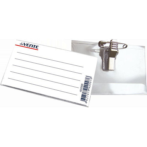 Бейдж "deVENTE" 90x57 мм, горизонт. прозрачный с булавкой и  клипом 4010300