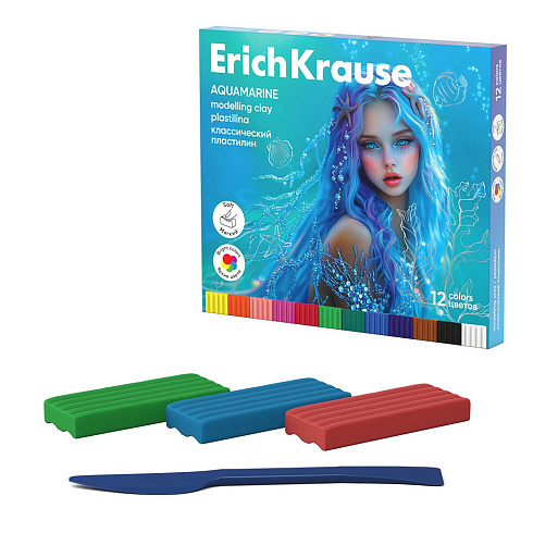 Пластилин ErichKrause Aquamarine 12цветов, 180гр. со стеком 65192