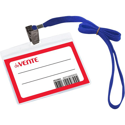 Бейдж "deVENTE" 99x66 мм, горизонт. прозрачный на ленте с клипом 4010901