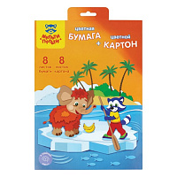 Картон цв. А4 8л.,8цв. мелов. и цв. бумага А4 8л., 8цв., "Приключения Енота", в папке БК8-8_19463