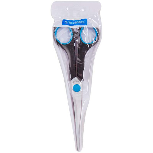 Ножницы офисные 17,1см, OfficeSpace черные с синими вставками, ПВХ чехол с европодвесом 264902