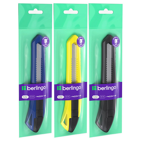 Нож канцелярский 18мм Berlingo "Razzor 100", push-lock, ассорти, европодвес BM4126